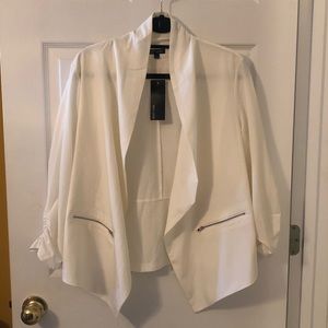 NBW White Chiffon Ruched Sleeve Open Front Jacket